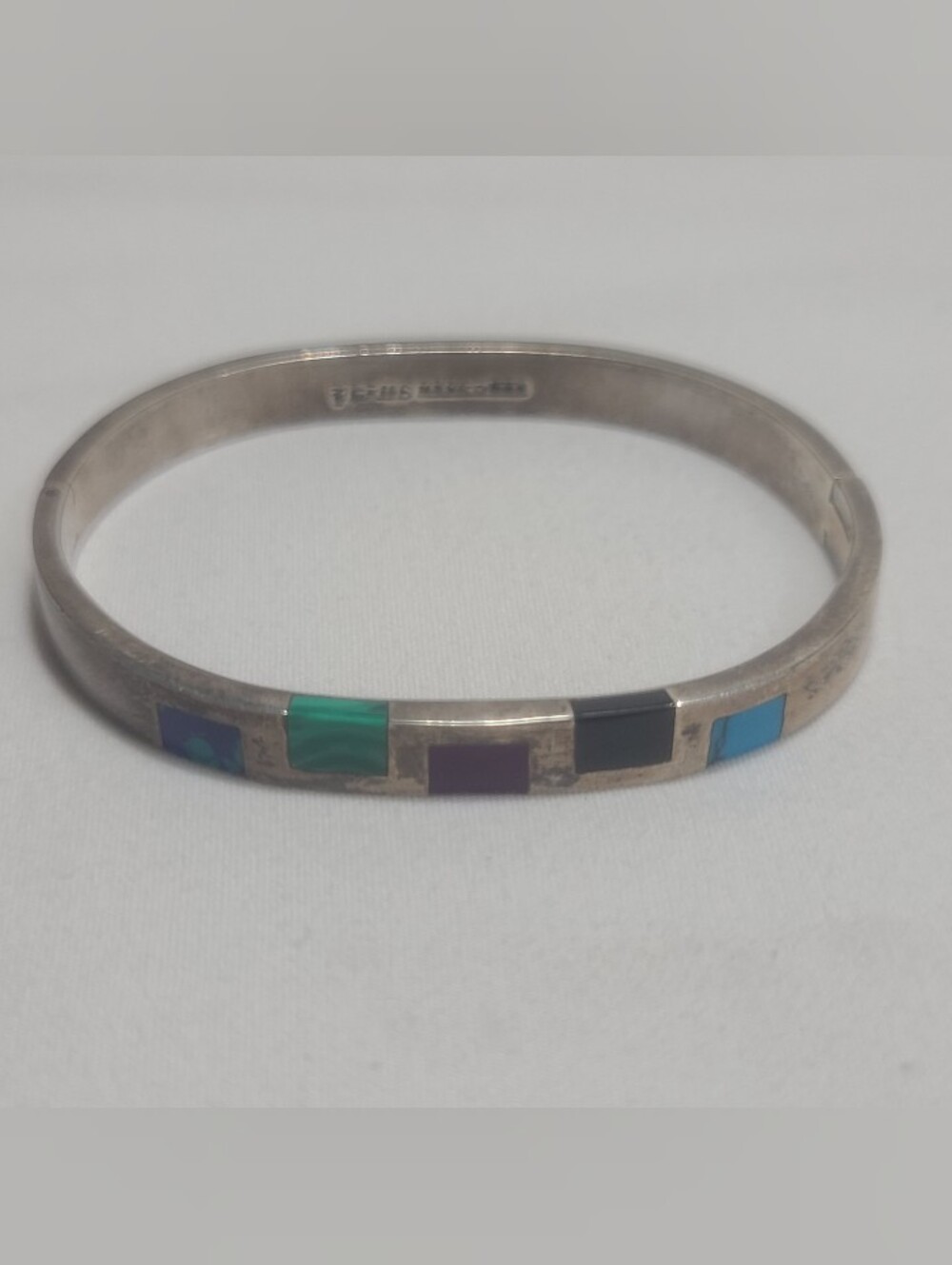 Vintage Taxco Mexico 925 Sterling Silver Gemstone Inlay Bangle Bracelet TC-116